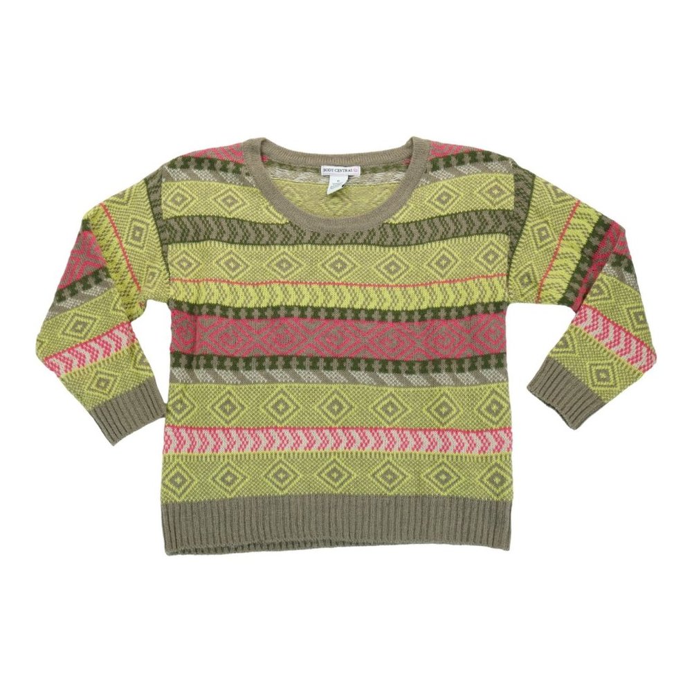 Body Central Sweater‎ Womens Medium Green Brown Fair Isle Wool Blend Long Sleeve